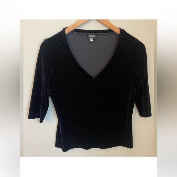 Vintage Tops - Vintage Y2K Jacob Black Velvet V-Neck Top Blouse 90s M Fitted Stretch Retro